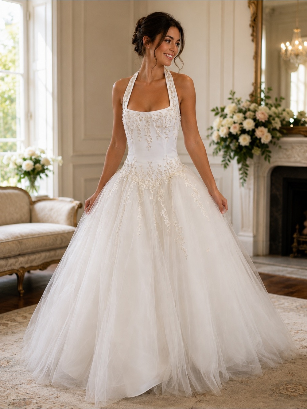 Elegant Y2K White Halter Ball Gown Wedding Dress